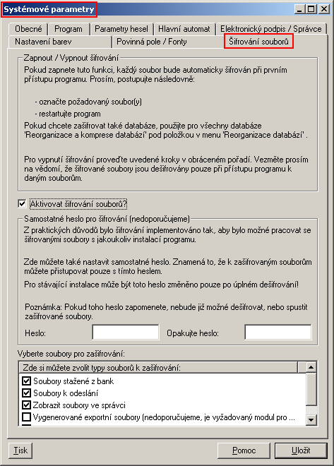 Soubory, které byly do systému importovány před aktivací šifrování (např. stažené výpisy nebo soubory s platebními příkazy), nebudou automaticky šifrovány.