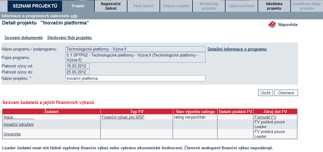 Vzorová ukázka po zadání (po uložení) nového projektu do aplikace eaccount Žadateli zpřístupněná záložka Registrační žádost (zpřístupnění po uložení údajů v záložce Projekt ) Nástěnka projektu určená