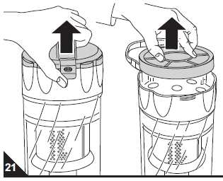 1. Stiskněte tlačítko, kterým uvolníte prachovou nádobu (obr. 17) a poté ji vyjměte z konzoly. Dvojitý ochranný filtr motoru (obr.