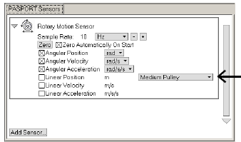 Potřebné vybavení: Rotační senzor (PS-2120), PASPORT interface, DataStudio či EZscreen software. PASPORT Senzor rotačního pohybu se vynuluje automaticky poté, co stisknete Start v DataStudiu.