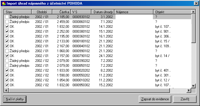 Import úhrad nájemného Pokud je nastaveno propojení na ekonomický systém POHODA, zobrazí se na panelu nástroj skupinové tlačítko.