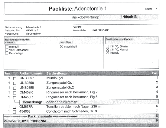 Balící list Vyhodnocení rizika: kritické B Obr. 49: Balicí list (s laskavým svolením kliniky v Duisburgu) mělo být u papíru a netkaných textilií umístěno mimo uzávěr, například na okraji obalu.