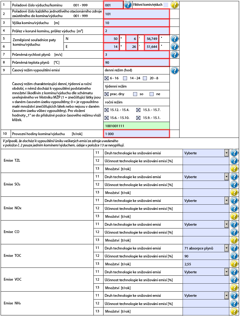 3.1 PŘÍLOHA 1 Příklad vyplnění vypouštění emisí ze zdroje více komíny (výduchy): Zdroj č. 101 (nanášení nátěrových hmot na dřevo) vypouští emise VOC přes odlučovač komínem č.