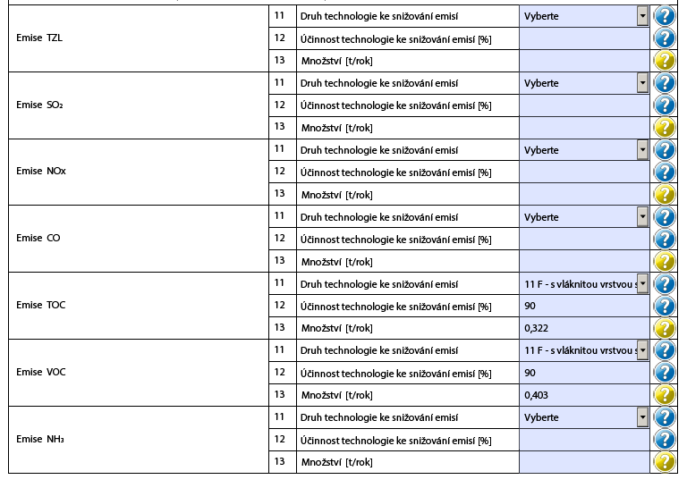 3.4 PŘÍLOHA Č.4 Příklad nesprávného vyplnění technologie na snížení emisí Chyby v takto vyplněném formuláři 1.