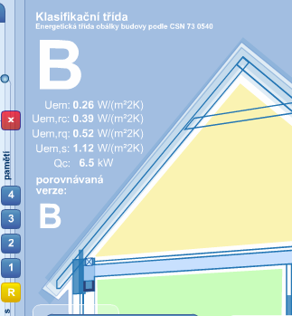 Hodnocení kvality obálky, tepelná ztráta V horní části obrazovky našeho příkladu se nám ukáže písmeno od A do G, které nám charakterizuje kvalitu námi posuzované obálky z tepelně technického pohledu