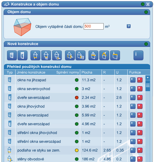 Při zadávání oken je konečná hodnota součinitele prostupu tepla U (W/m 2.K) v bílém rámečku násobena koeficientem 1.15, který charakterizuje tepelnou ztrátu rámu okna.