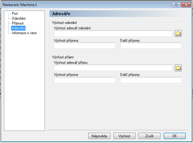 Nastavení DNC 133 5.4 Nastavení adresářů V následujícím dialogu můžete definovat adresáře Odeslání a Příjmu. Pro nastavení adresářů klikněte na Adresáře v seznamu vlevo v oknu Nastavení stroje.