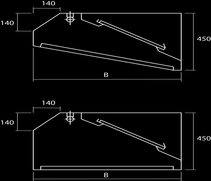 Nástěnný odsávač par - B - OP 01 nerez plech tl. 1 mm základní provedení odsávače - lapač tuků - osvětlení lapač AKV - vertikální LT - V rozměr: 560 x 280 mm plášť - nerez plech tl.