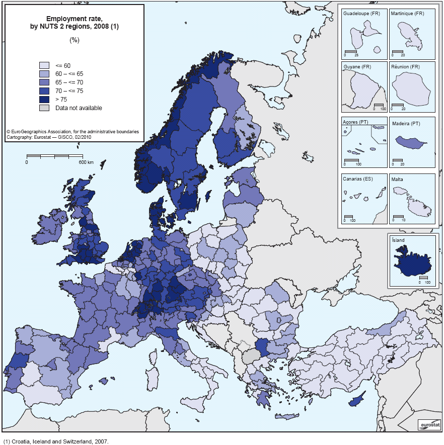 Příloha 5: Míra zaměstnanosti NUTS 2 regiony, 2008 (v %)