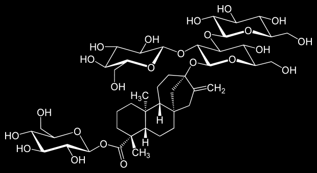 Mezi glykosidy, které jsou zdrojem sladkosti, patří steviosid, rebaudiosid A, rebaudiosid C a dulkosid A. Nejvyšší sladkost má rebaudiosid A, jehoţ chemickou strukturu znázorňuje obr. 19.