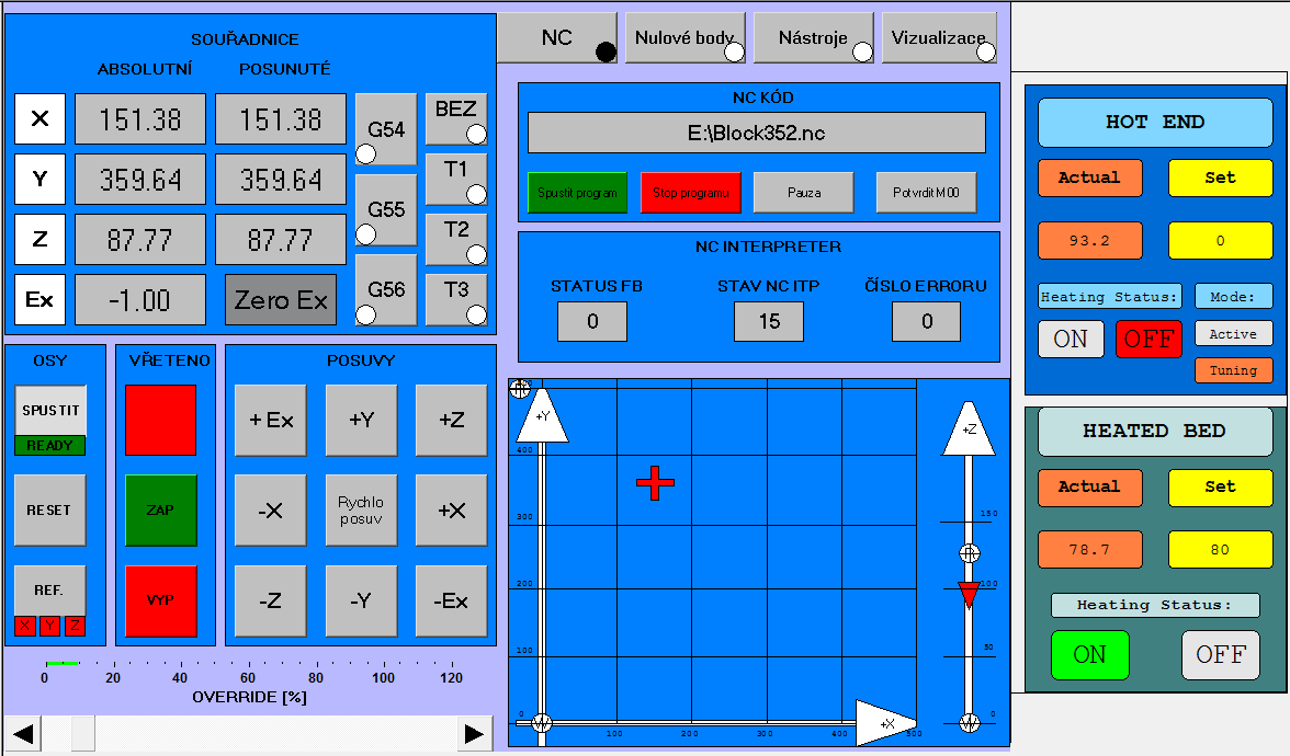6. ŘÍZENÍ OHŘEVU PODLOŽKY A HLAVY Dále byl přidán ovládací panel do vizualizace ovládání frézky (Obr. 31). Ten umožňuje sledovat a řídit teplotu pohodlně z grafického prostředí.