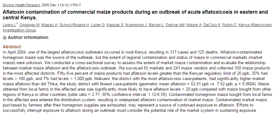 Mykotoxikózy v poměrně nedávné minulosti: Duben 2004 Keňa: 317 případů akutních a subakutních otrav s
