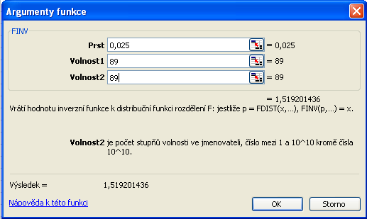 Postup řešení: 1) Použijeme F- test. Tab. : Výsledek dvouvýběrového F- testu pro rozptyl. ) Přepočítáme kritickou hodnotu F- testu. Obr. 1: Výpočet kritické hranice F- rozdělení.