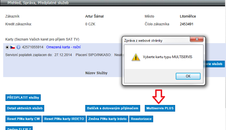 Karty Multiservis Tlačítko Multiservis Plus Skylink a CS Link jsou obchodní značky používané pod