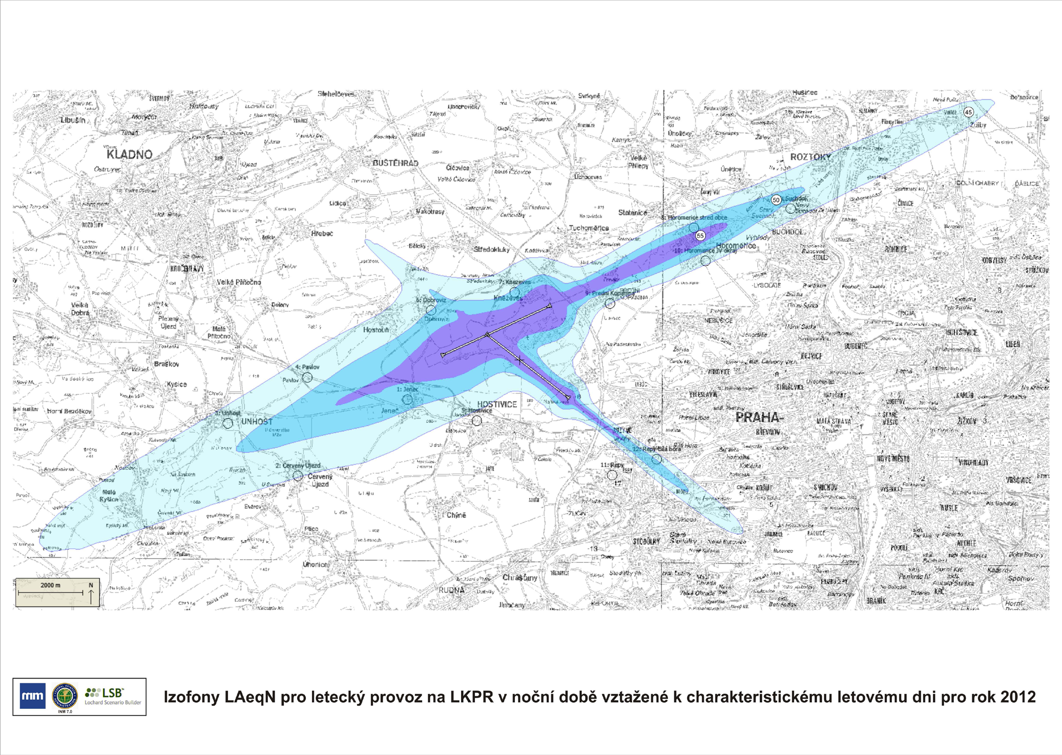 HLUK Obr..3.5: Izofony z leteckého provozu v denní době (06-22 h.) vztažené k charakteristickému letovému dni v roce 2012 Pozn.