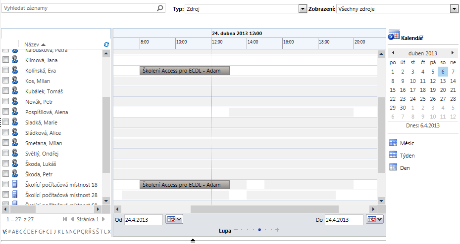 5 Služby 56 OBR. 5-7: KALENDÁŘ SLUŽEB Ve spodní části můžeme nastavit interval zobrazený v kalendáři, např. 24. 4. 24. 4. 2013.