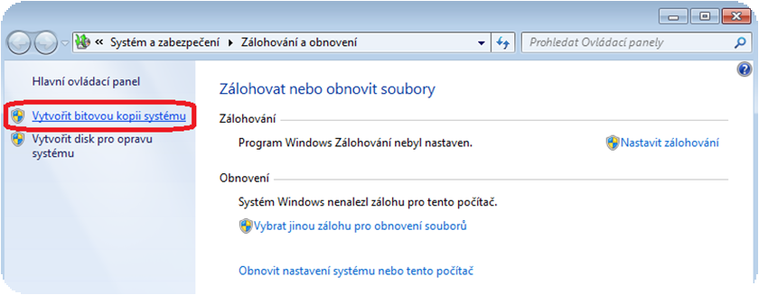 V levém sloupci klikněte na Vytvořit bitovou kopii systému 1.1.3. Zobrazí se průvodce vytvářením bitové kopie.