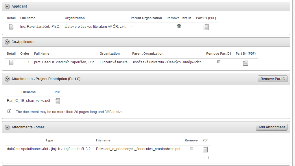 Kompletace návrhu projektu Obrázek 47: Vkládání příloh Aplikace provádí kontrolu na formát přílohy a umožní uložit pouze ty, které jsou ve formátu PDF.