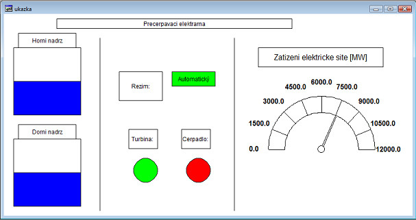 UTB ve Zlíně, Fakulta aplikované informatiky, 2012 40 5.3.3 Vizualizace Vizualizace byla vytvořena pro možnost sledování činnosti přečerpávající elektrárny z monitoru počítače.