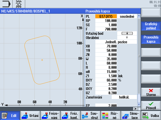 Sestavování programu v G-kódu 7.3 Struktura programu Obrázek 7-3 Obrazovka parametrů s grafickým zobrazením programového bloku v G-kódu 7.