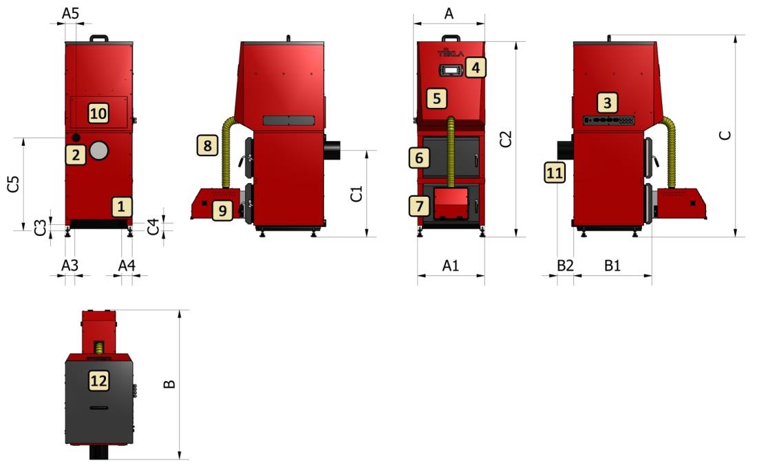 BIO 1 vstupní hrdlo (zpátečka) ÚT, 2 výstupní hrdlo ÚT, 3 připojovací lišta, 4 elektronický regulátor, 5 čistící otvor (pod krytem), 6 horní