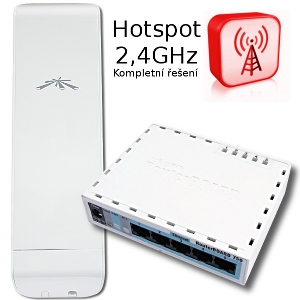 MIKROTIK: Hotspot 2,4 GHz, RB750, Nanostation M2 AirMax MIMO Hotspot řešení s venkovní jednotkou Nanostation M2 pro sektorové pokrytí.
