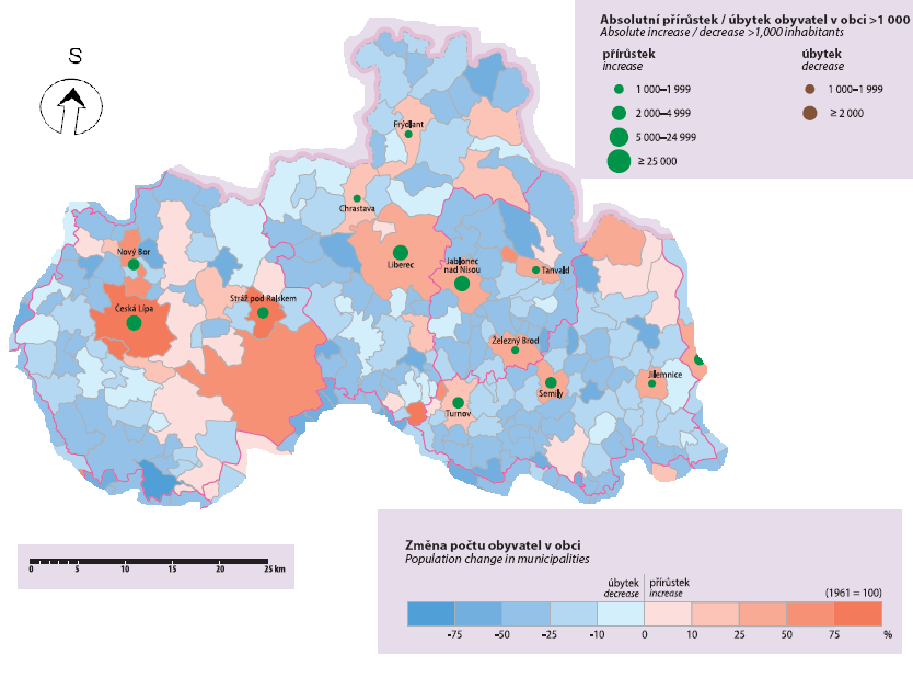 Obr. 3. 3: Vývoj počtu obyvatel Libereckého kraje podle obcí v letech 1961 2001.