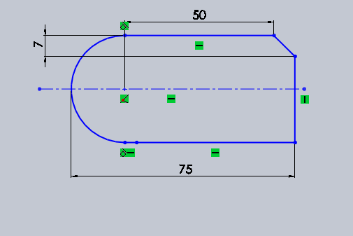 Vzdálenost oblouku kótování Nakreslíme dvě horizontální přímky vzdálené od sebe přibližně 30 mm, pravé konce propojíme jednou šikmou a druhou kolmou přímkou, levé konce spojíme pomocí Tečného oblouku.