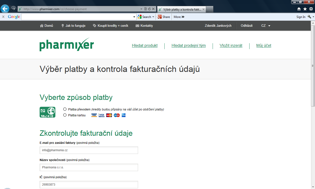 platit můžeme buď kartou (a kredity máme hned k dispozici), nebo