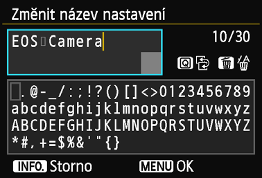 Zm na názvu nastavení 5 Zm te název nastavení. Zm te název nastavení pomocí virtuální klávesnice (str. 14). Je možné zadat až 30 znak.