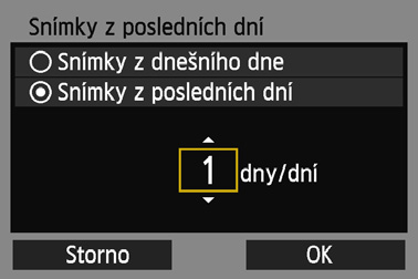 Lze nastavit snímky po ízené v asovém intervalu až dev t dní zp t. Stisknutím tla ítka <V> vyberte položku a stiskn te tla ítko <0>.