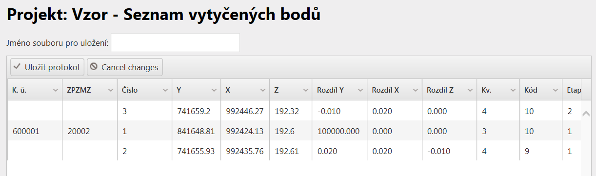 5.3.1 Vytyčené body 5.3.1.1 Seznam vytyčených bodů Zobrazí seznam vytyčených souřadnic a jejich odchylek. Z vytyčených bodů lze vytvořit protokol o vytyčení.