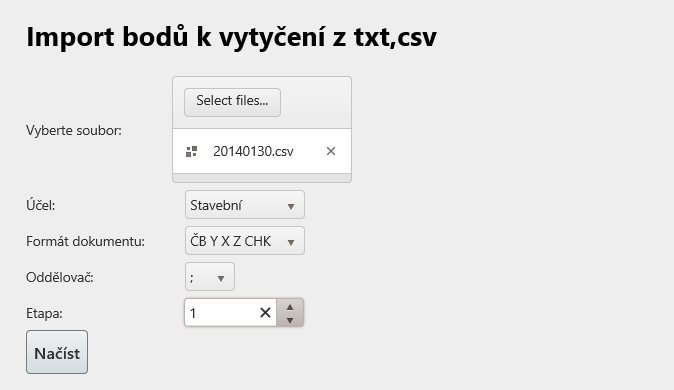 5.3.2.2 Import bodů k vytyčení z txt, csv Seznam bodů k vytyčení z txt, csv lze načíst do databáze. Musí se zvolit zda se jedná o body stavebních objektů nebo o body hranic pozemků.