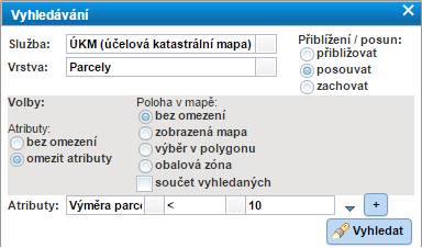 Vyhledávání Nástroj Vyhledávání slouží k nalezení prvku/prvků a jejich atributů na základě zvolených kritérií.