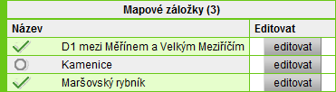 smazání kompozice. Správa vlastních záložek Mapové záložky, které uživatel vytvořil v části mapy, jsou zde uvedeny v tabulkovém přehledu.