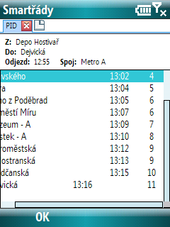 odkud a kam daný spoj jede čas výjezdu spoje z počáteční zastávky a název linky název průjezdní zastávky stiskem kláves doprava (doleva) posuneme výpis Obrázek 82 - výpis trasy spoje (Smartphone)