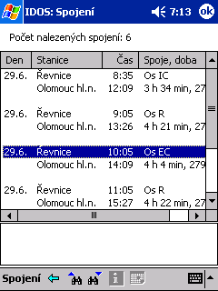 Obrázek 42 - stavový diagram formuláře výpisu výsledků hledání Obrázek 43 - výpis výsledků hledání (grafický návrh) Obrázek 44 - výpis výsledků hledání u aplikace IDOS Tento styl zobrazení respektuje