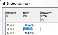 Kapitola 10 Interpolace Panel Interpolace zobrazuje interpolace linií terénu, upraveného terénu, vrcholového polygonu, povrchu komunikace a pláně na každém staničení, které je zadáno na panelu Trasa.