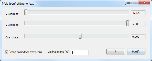 Kapitola 25 Příčné řezy: Svislý posun Menu příčného řezu Pomůcky / Svislý posun otevírá okénko pro svislý posun příčného řezu. Nástroj posouvá vybrané linie a objekty.