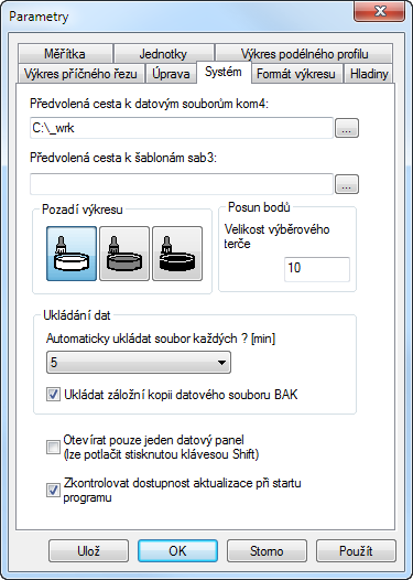 Výpočet roviny pro každý řez: Při zobrazení příčného řezu je buď automaticky přebírána srovnávací rovina z podélného profilu, nebo je pro každý příčný řez počítána jeho vlastní srovnávací rovina.