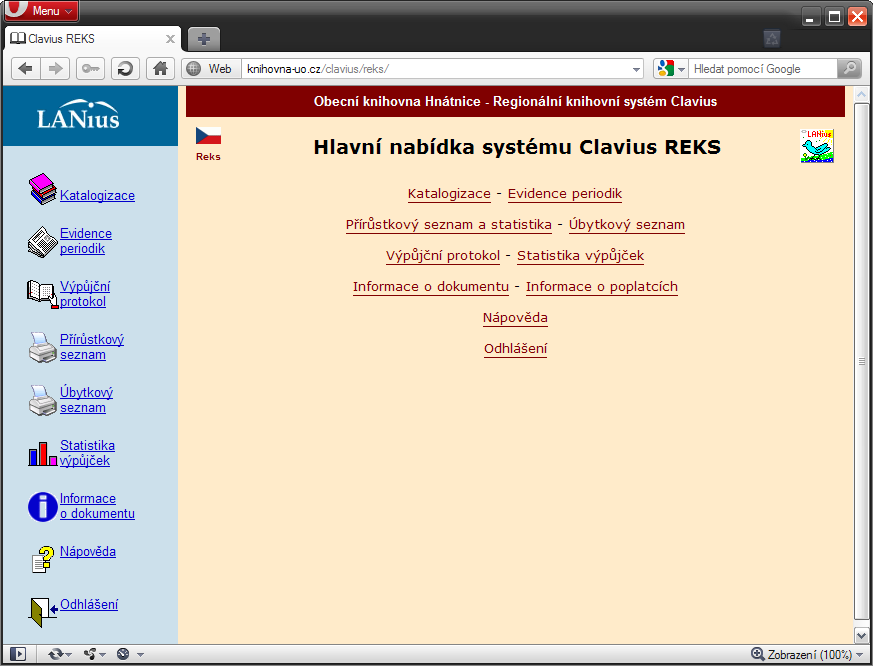 Po stisku tlačítka Odešli, a pokud jsou přihlašovací údaje správné, se objeví hlavní menu.