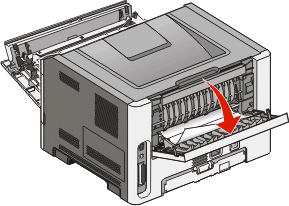 Odstranění zaseknutí poblíž zadních dvířek Pokud papír z tiskárny vyčuhuje, vytáhněte ho ven.
