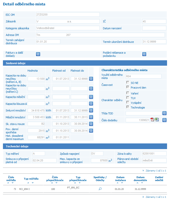 3.2 Detail OM U odběrných míst je možno prohlížet sjednané smluvní a technické údaje včetně jejich historie za období platnosti
