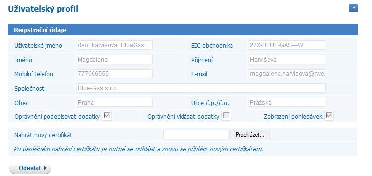 12.1 Nahrání nového certifikátu Nahrání nového certifikátu je možné v oblasti Registrační údaje Nahrát nový certfifikát.