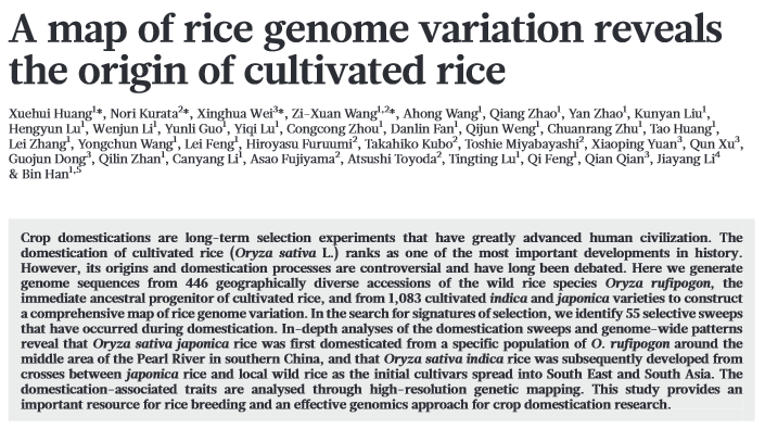 Domestication area Nature 490, 497-501 (2012) doi:10.1038/nature11532 a, Phylogenetic tree of 446 O. rufipogon accessions and 1,083 O.