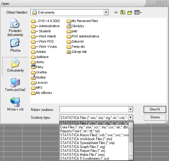 Otevření a ukládání souborů Statistica podporuje načítání a