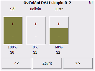 Následující obrázek ukazuje typický vzhled obrazovky pro přímé ovládání DALI skupin: 4.2.1.