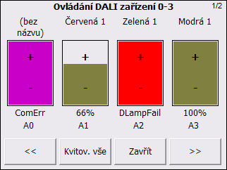 4.9.2. Dodatečné informace na tlačítkách pro ovládání DALI zařízení V obrazovce Ovládání DALI zařízení se implicitně pod ovládacími tlačítky +/- zobrazují procenta nastavené úrovně na zařízení.