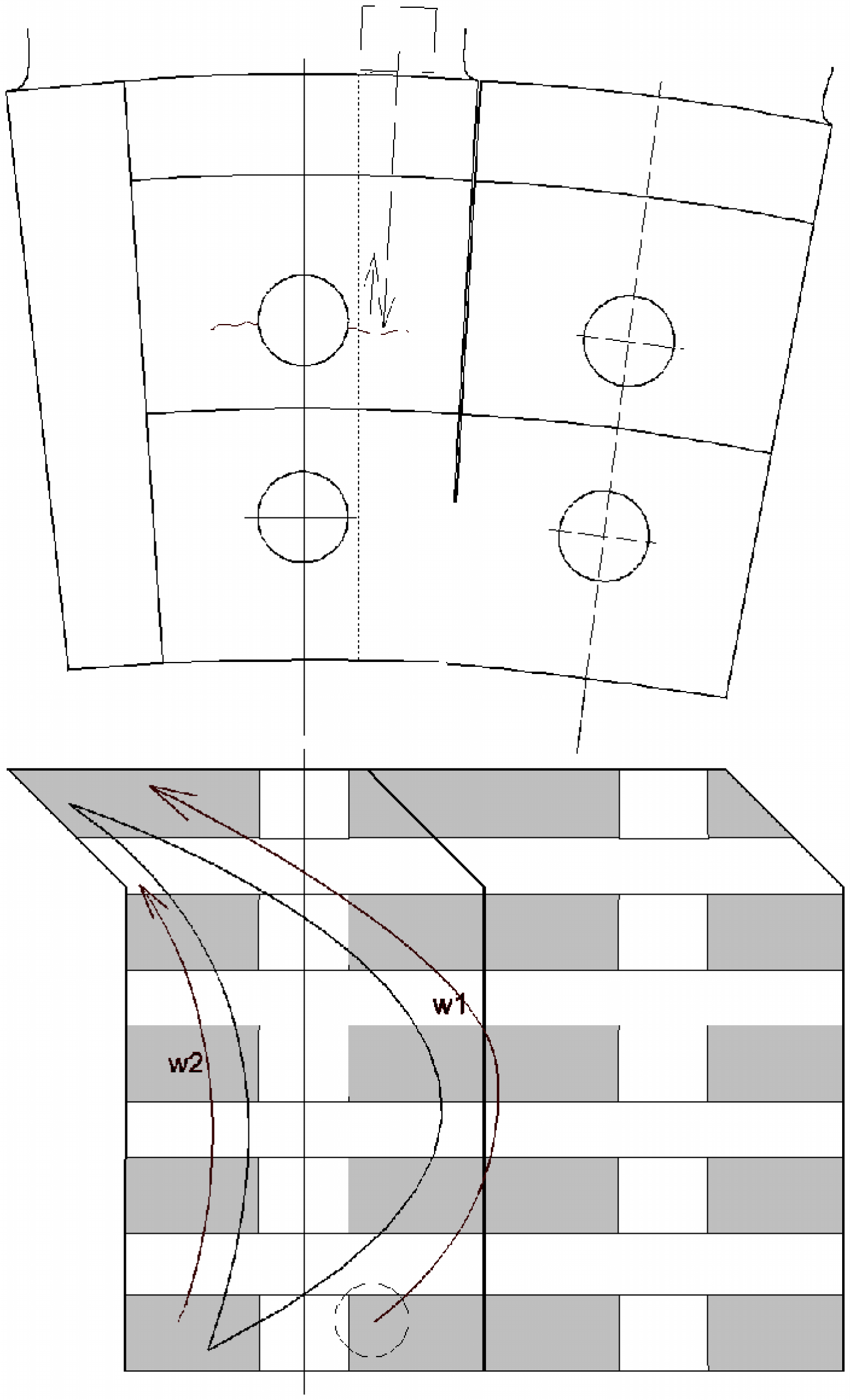 Při prozvučování čelnou sondou, z plochy mezi lopatkami, pohybem podél profilu lopatky(dráhy w1 a w2 na obr. 2 )se dají zjistit trhliny jen v krajních segmentech zámku.