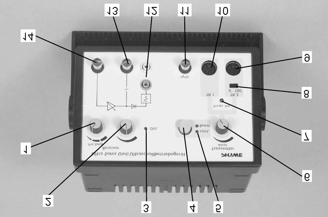 TR1 UZV jednotky(10, obr. 1.4) a UZV jednotku přepněte pomoí tlačítka 4 do kontinuálního režimu(je indikován diodou Cont.). Pomoí barevnýh kabelů propojte světelnou závoru s řídíí jednotkou Cobra3, jak je znázorněno na obrázku 1.